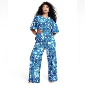 Rhode for Target Floral Cut Out Jumpsuit Romper Wide Leg Blue Linen Blend size M